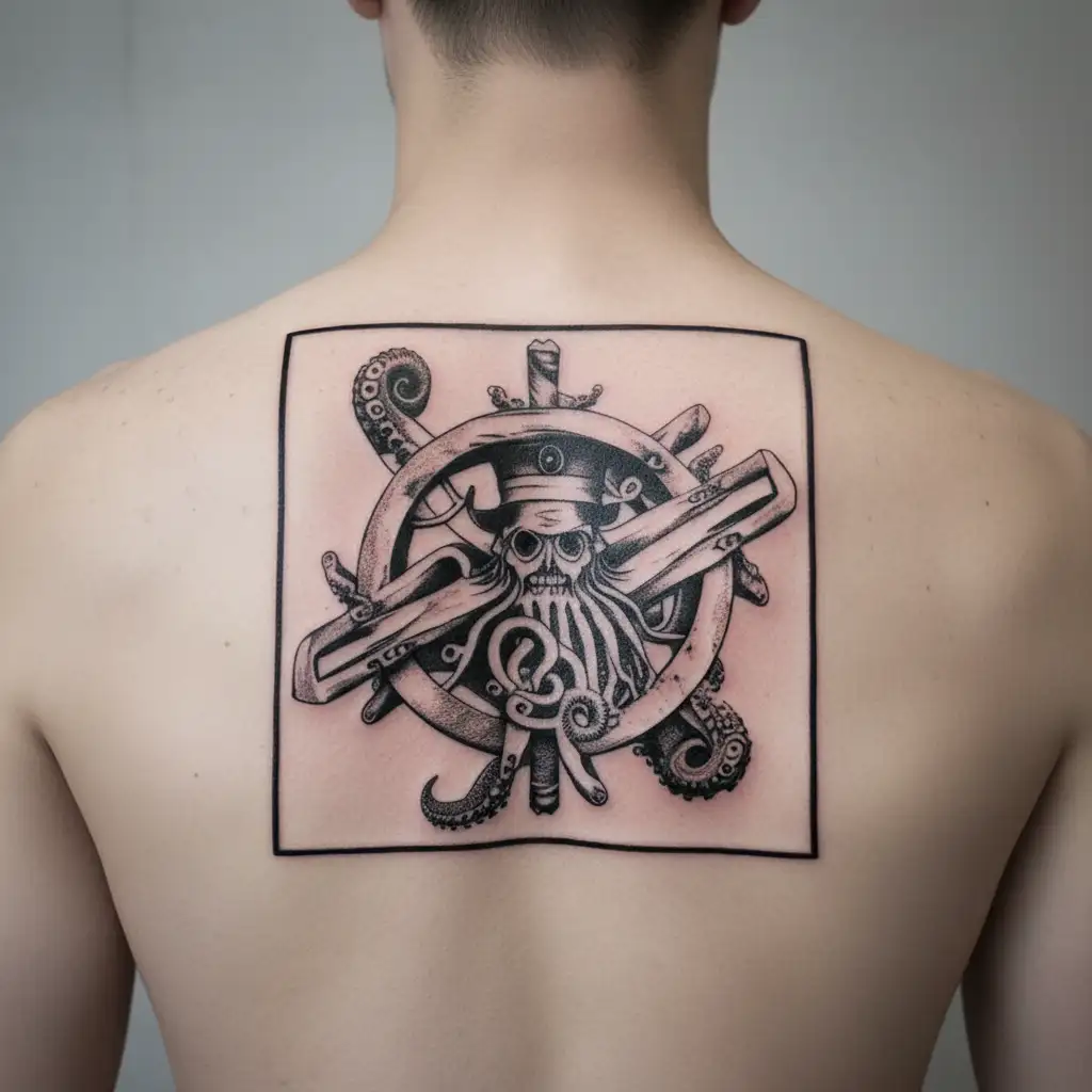 undead pirate holding ships wheel with octopus underneath tattoo design idea