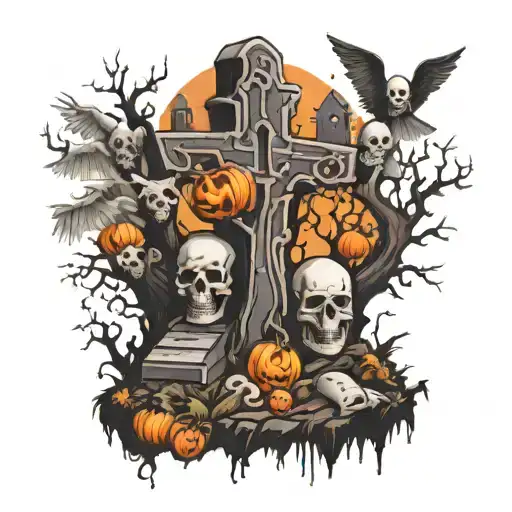Scary forest with tombstones and skulls and ghosts tattoo design idea