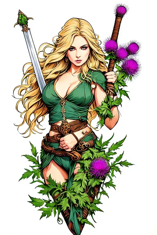 blonde woman hot warrior intertwined with scottish thistles holding sword attractive with thistles wrapped around limbs tattoo design idea