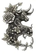 ox zodiac symbol, small rose leaves creative tattoo design idea