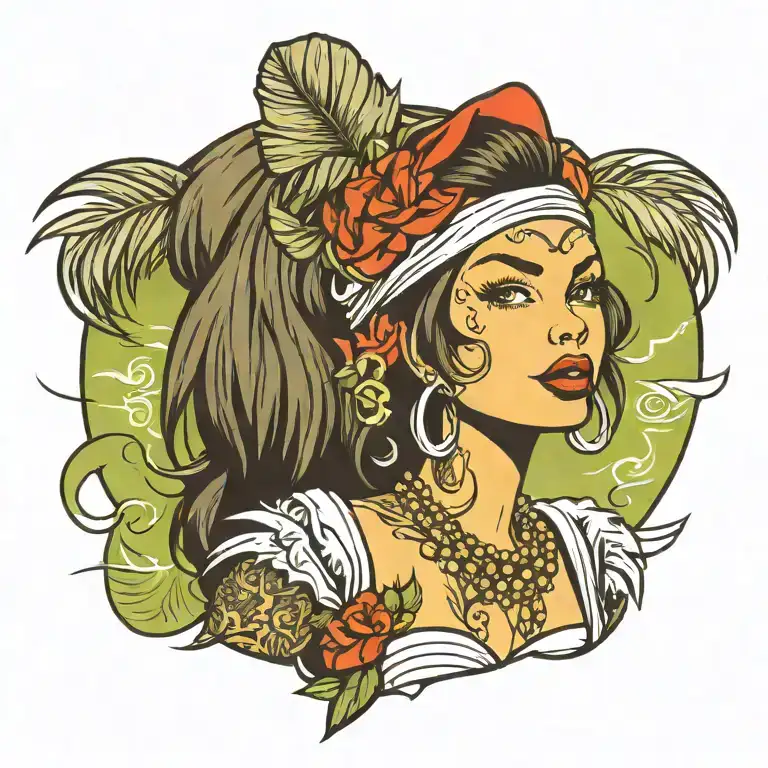 pin up girl in a hula skirt standing sexually with tattoos and head dress  tattoo design idea