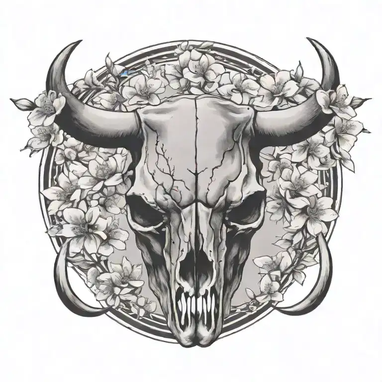 realistic  bull skull with cherry blossoms tattoo design idea