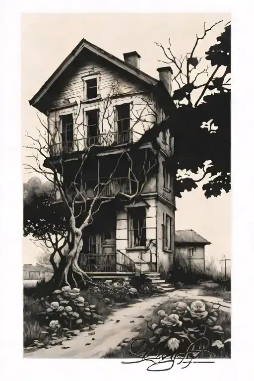 Abandoned Stalin-era house, roses, tree roots tattoo design idea