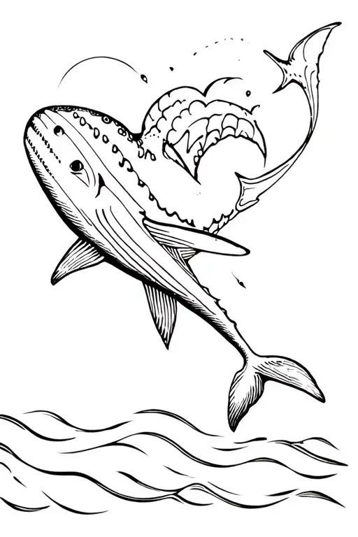 whale shark swimming therough a heart with waves crashing tattoo design idea