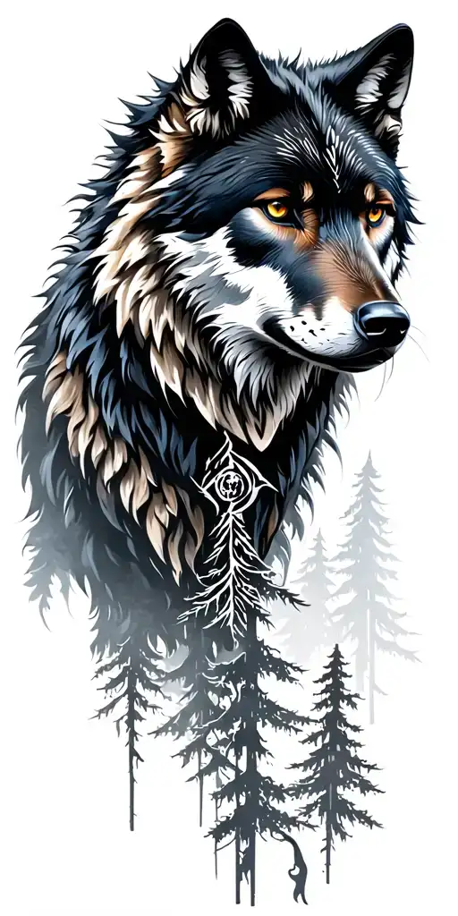 wolf with trees tribe style and black panther  tattoo design idea