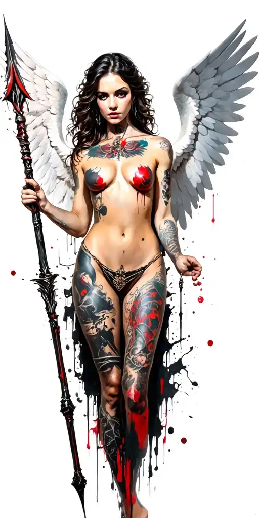 tattooed sexy angel with large white wings holding a spear full body tattoo design idea