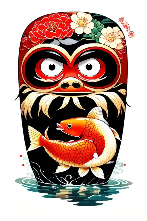 daruma doll and koi fish black tattoo design idea
