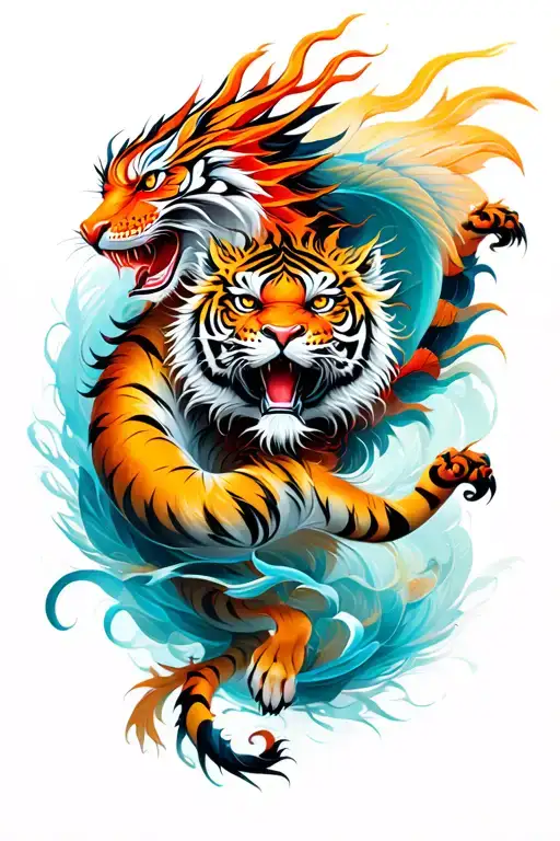 tiger and dragon flying tattoo design idea