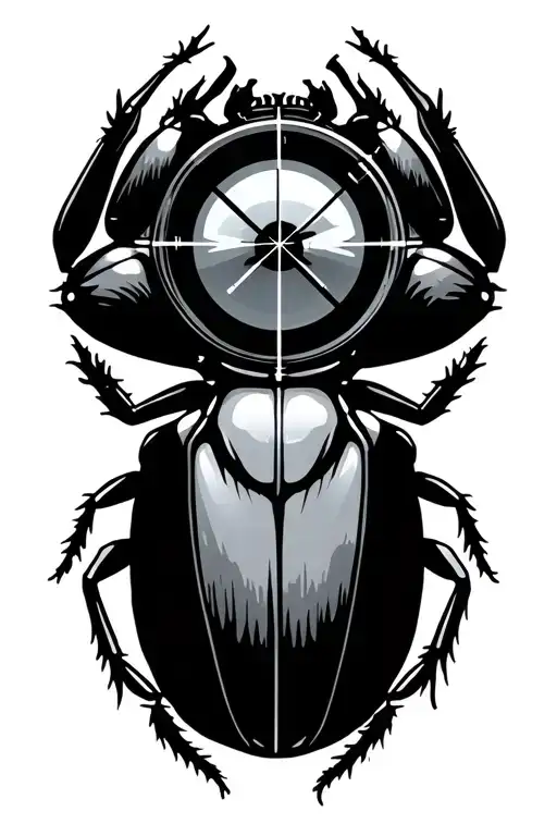 a bug symbol in all black with sort of digital style and a scope or a circle with sniper's crosshair targeted to it tattoo design idea
