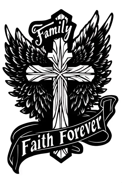 "Family Faith Forever" Cross with Wings wrapped loosely tattoo design idea
