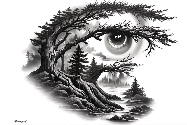 detailed full scene of a forest black and white  tattoo design idea