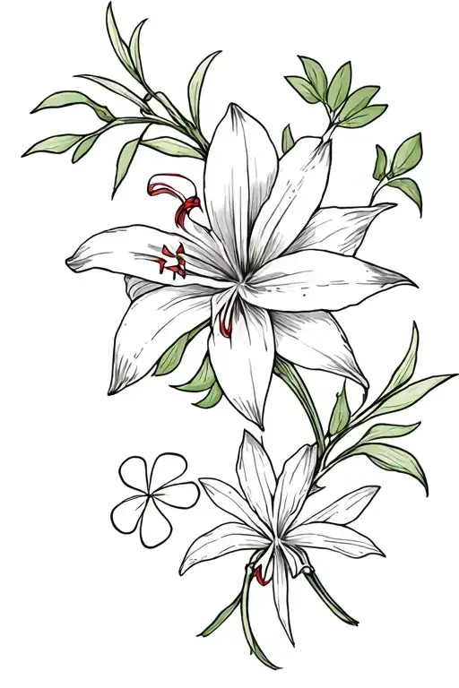 spider lily and mistletoe with red ribbon and four leaf clover tattoo design idea