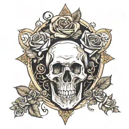 "Memento Mori" with a symbolic and reflective aesthetic. It combines the skull, roses, hourglass, and other elements to  tattoo design idea