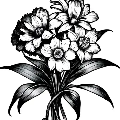 Birth Flower Bouquet carnation daffodil lily, minimalist, with words " by your grace, I have hope" replacing the stem tattoo design idea