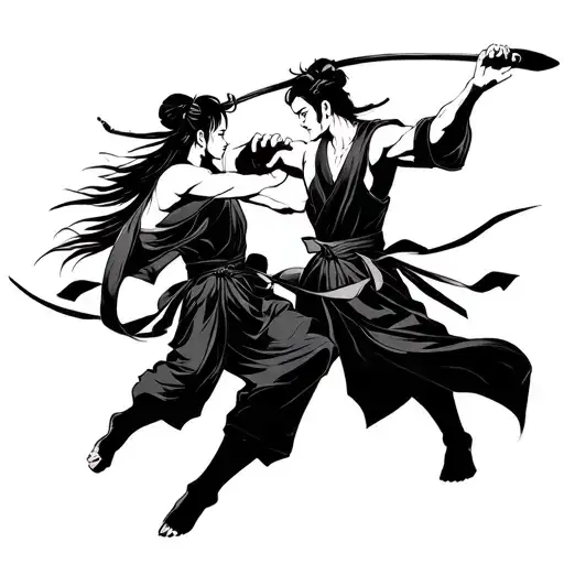 A composition featuring Uzui Tengen and Shinobu engaging in a graceful and deadly duel, capturing their contrasting fighting styles tattoo design idea