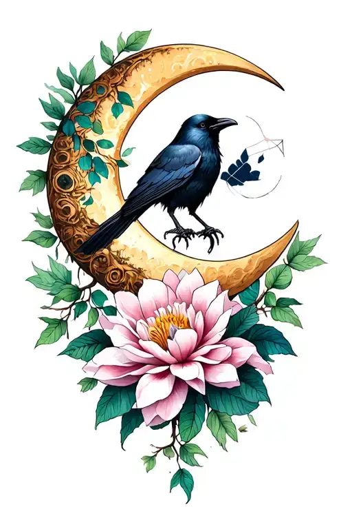 crescent moon, Dalia, magnolia, tree, vines, raven, Scorpio constellation tattoo design idea