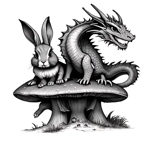 wood dragon water rabbit with elf piper sat on mushroom stool tattoo design idea