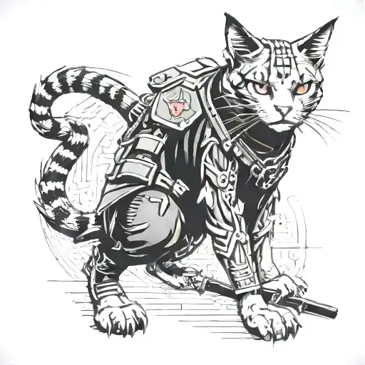 anarchy punk rock cat samurai cyberpunk in combat tattoo design idea