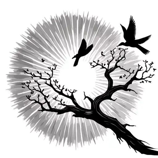 unique tree branches with Birds around and Sun rays coming tattoo design idea