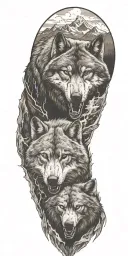 wolf, bear, skull, with moutain range tattoo design idea
