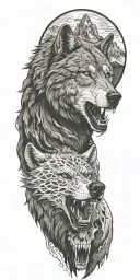wolf, bear, skull, with moutain range tattoo design idea