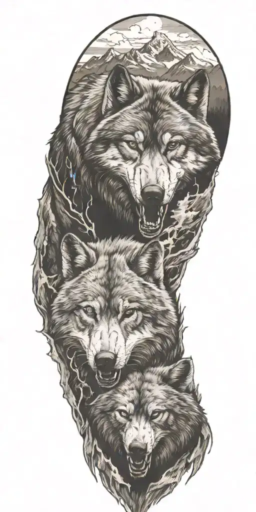 wolf, bear, skull, with moutain range tattoo design idea