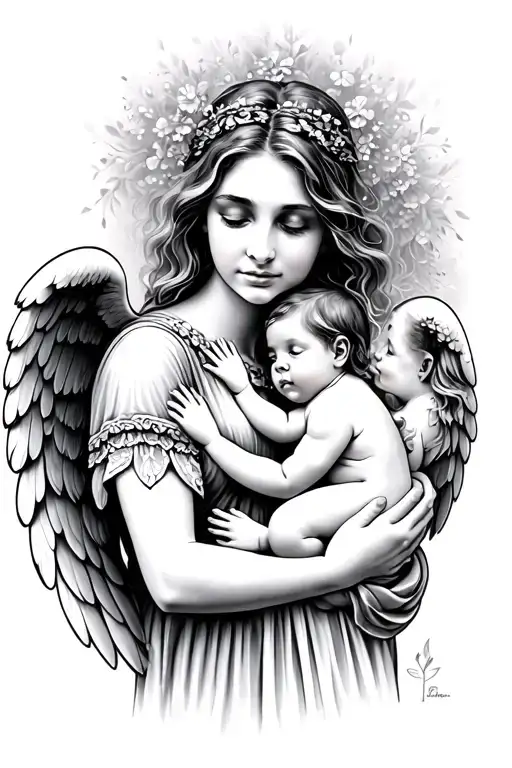a young mom hugging her angel baby she lost through abortion tattoo design idea