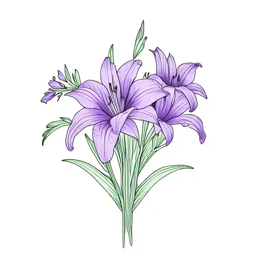 A minimal fine line tattoo of a Tiger Lily, lilac, and orchid flower bouquet tattoo design idea