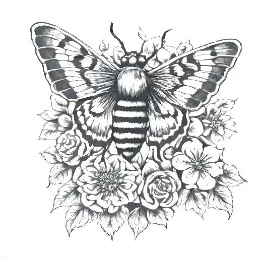 deaths head moth and flowers tattoo design idea