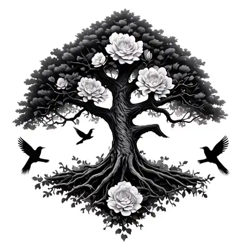poison tree with birds and flowers surrounding tattoo design idea