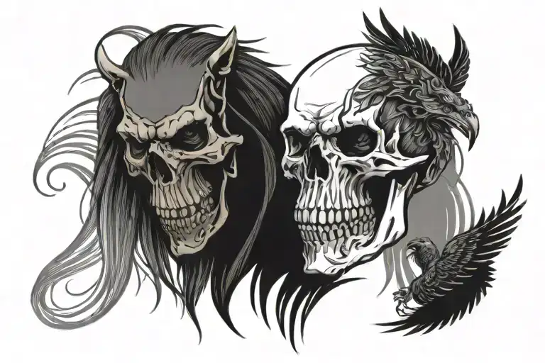 skull, phoenix and lioness. wrap around the word apple. small one line landscape. tattoo design idea
