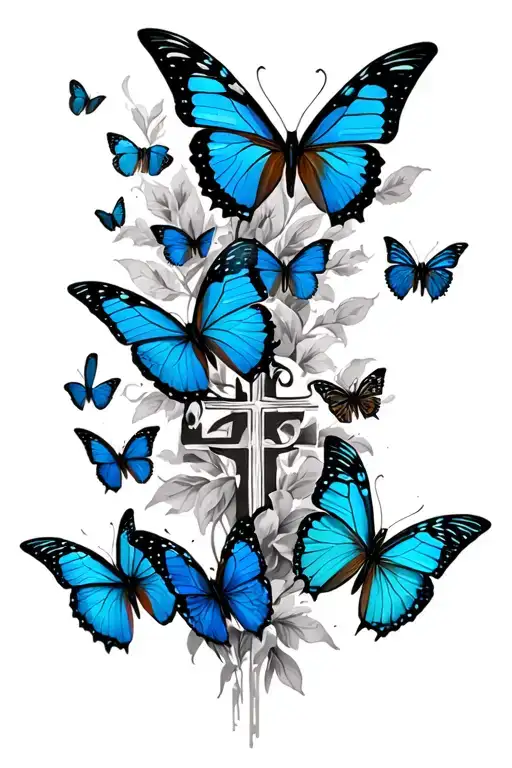 can you draw blue butterflies going down with a cross and the angle number 444 tattoo design idea
