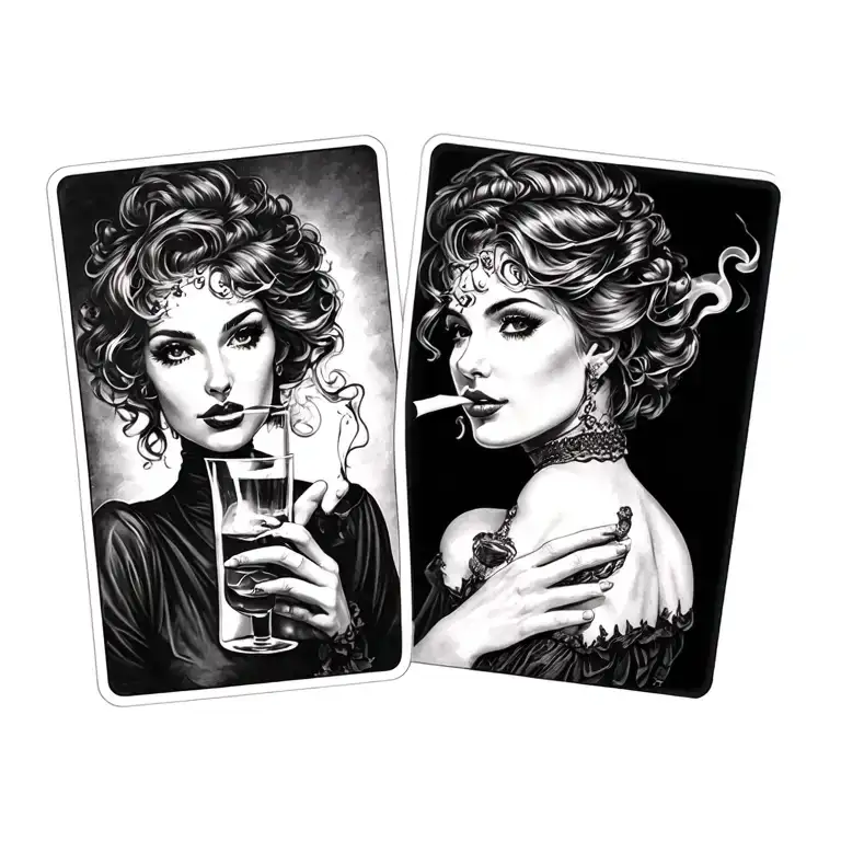 cards woman alcohol smokes old school tattoo design idea