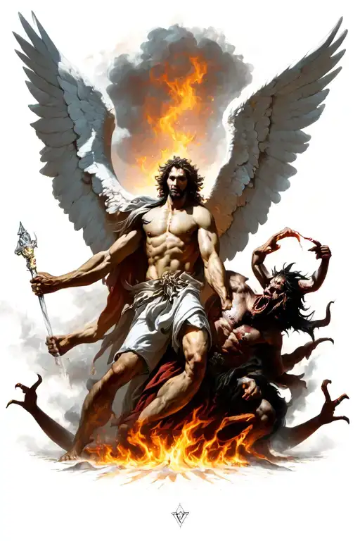 archangel Micheal fighting satan and demons pulling him back into hell tattoo design idea
