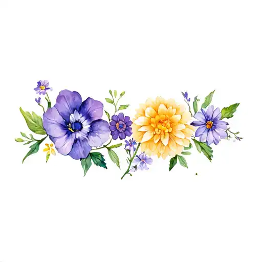 chrysanthemum, violet, primrose, morning glory and aster flower heads on a single vine tattoo design idea
