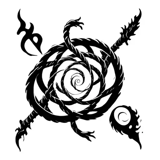 triskel with the three spirals ending in a rope, a whip and a switch with symbolized elements water, fire and soil  tattoo design idea