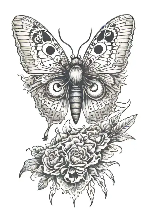 eye and a traditional moth with spread wings dark tattoo design idea