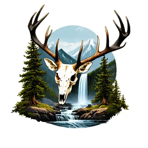 mule deer skull as waterfall and antlers as trees  tattoo design idea