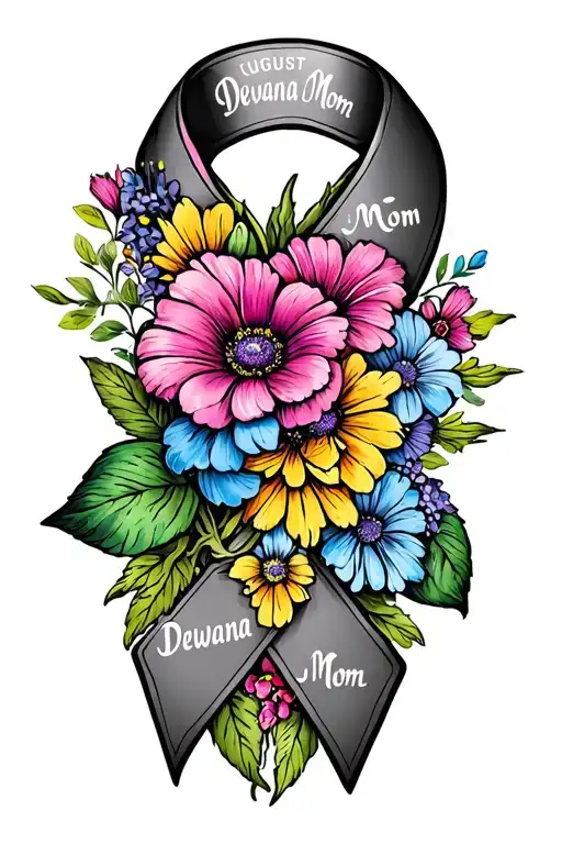 "Dewana Mom" "Dewana Mom" "Dewana Mom" august birth flowers with  multicolor cancer ribbon tattoo design idea