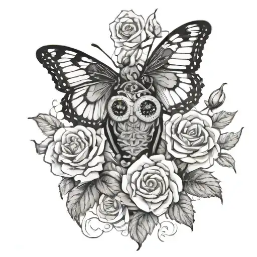 roses lockets butterflies with a owl tattoo design idea