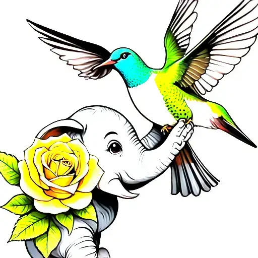 cute little elephant holding a yellow rose to the sky while a humming bird drinks from the rose tattoo design idea