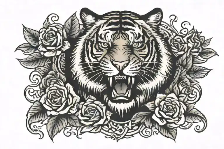 Full Body Tiger surrounded by Roses tattoo design idea