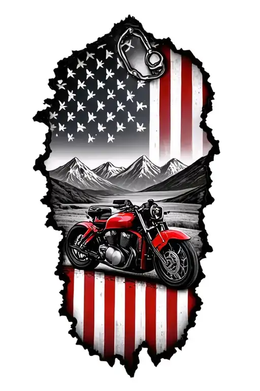 American flag torn with dog tags with mountains and motorsycle tattoo design idea