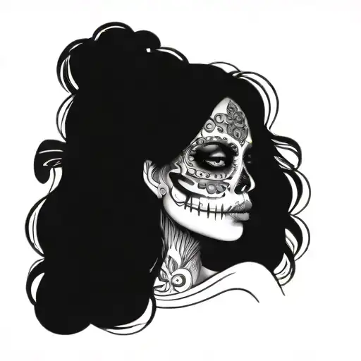 A Dia de los Muertos inspired tattoo of a girl  sugar skull hood tattoo design idea