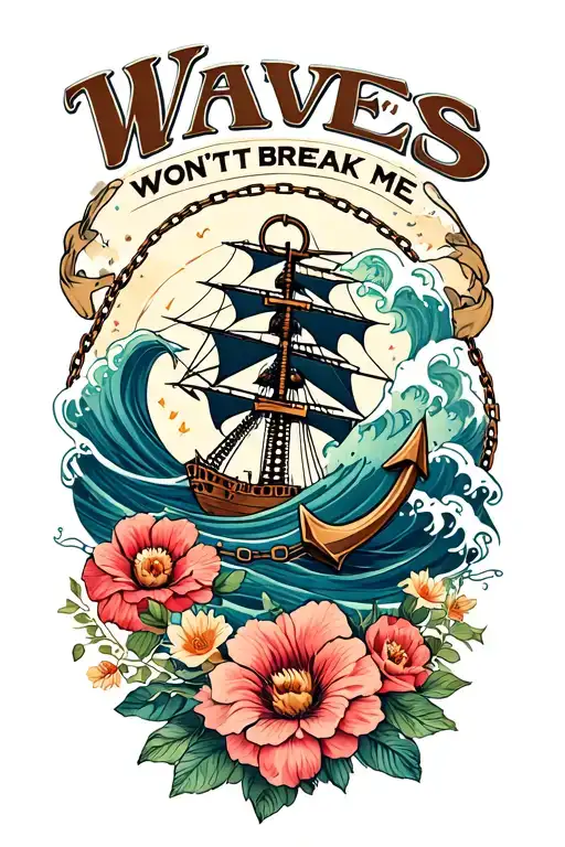 " Waves won't break me" waves, ship, anchor, flowers, skeleton female, chain, wind, wave tattoo design idea
