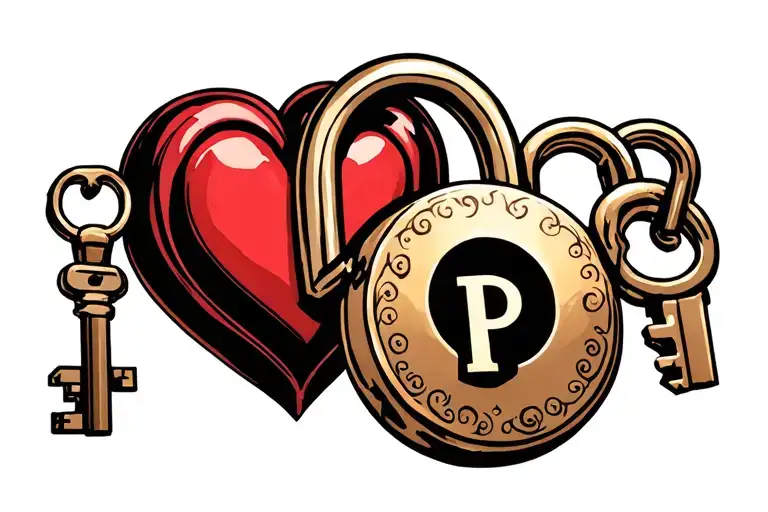 heart shaped lock with key shaped like letter p tattoo design idea
