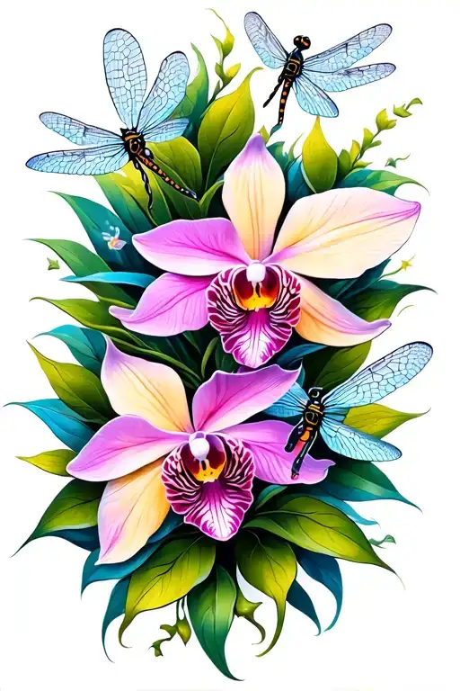 exotic orchid flower tattoo with dragonflies flying tattoo design idea