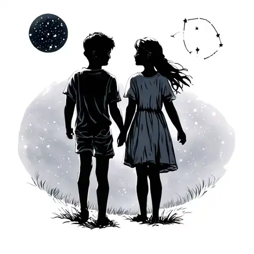 2 boys and a girl outside at night, night sky is clear and full of stars, in the sky the Lyra constellation tattoo design idea