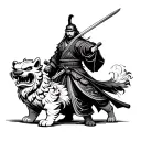 samurai warrior wielding a sword standing next to a foo dog  tattoo design idea