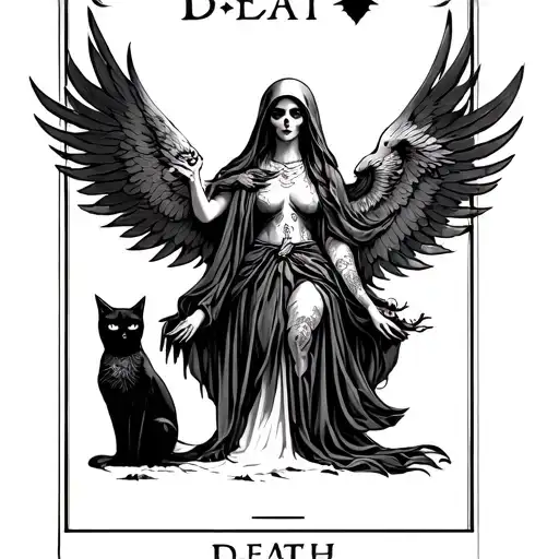 death tarot card, with the reaper as a woman with phoenix wings and a black cat  tattoo design idea